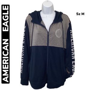 American Eagle M Jacket with Hoodie Navy Gray Full Front Zip & Zip Pockets